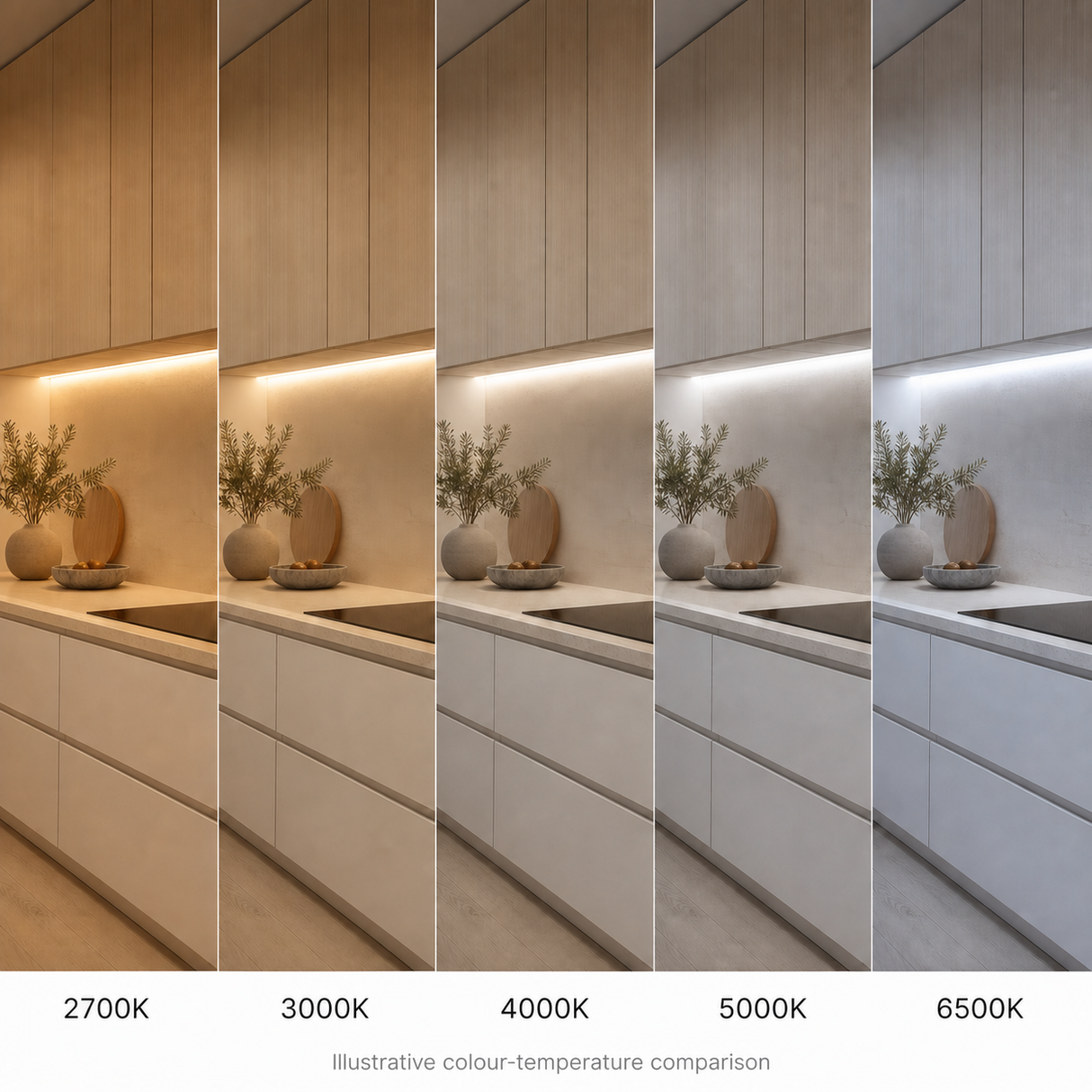 Illustrative COB LED strip colour temperature comparison from 2700K to 6500K
