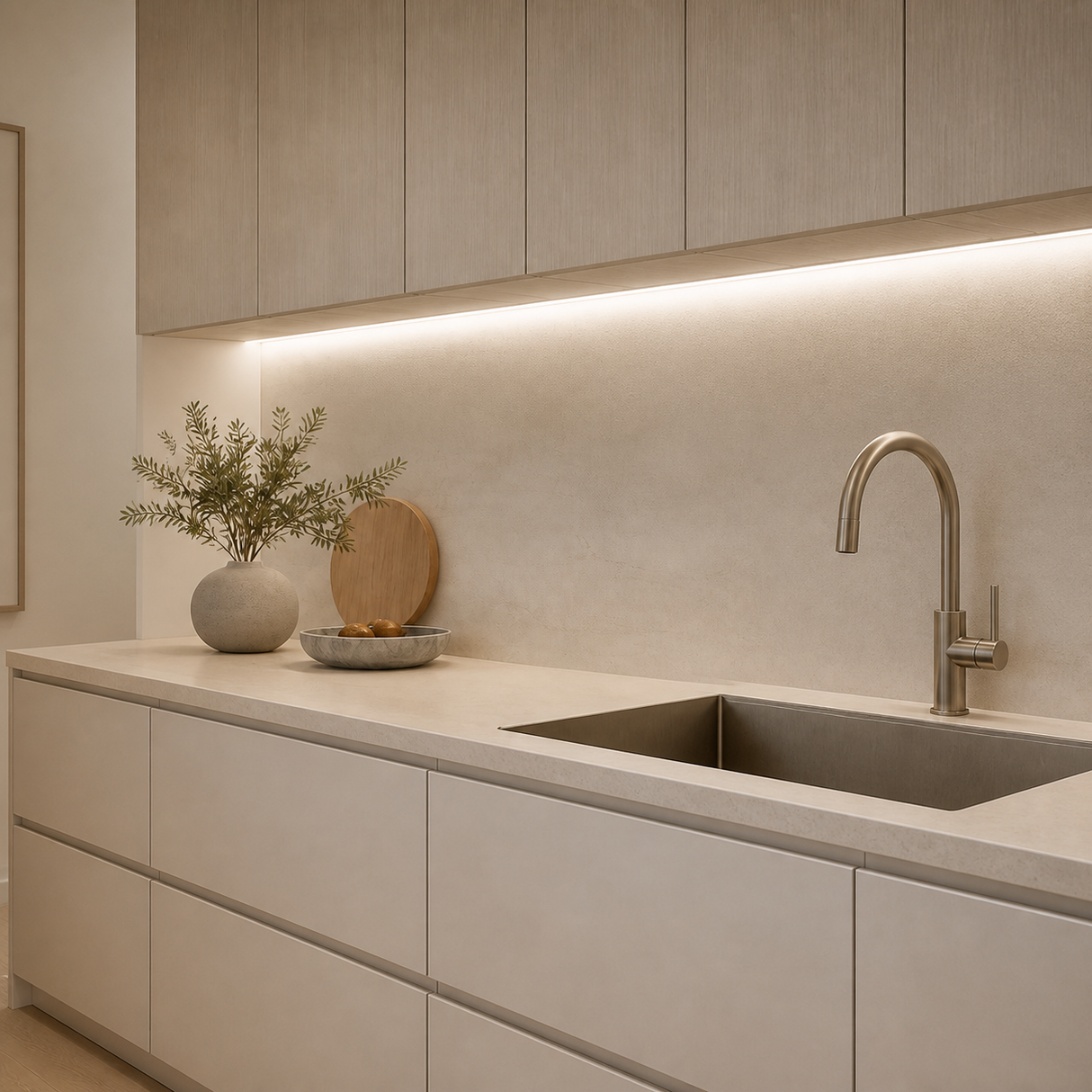 Natural white 4000K COB LED strip lighting a contemporary kitchen worktop