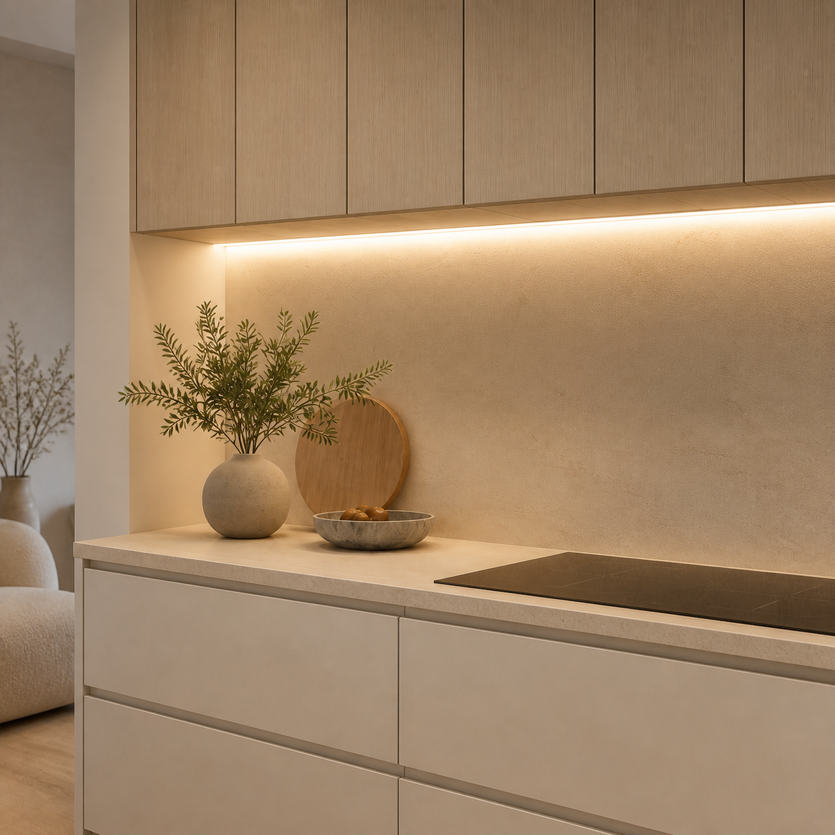 Warm white 3000K COB LED strip fitted beneath contemporary kitchen cabinets