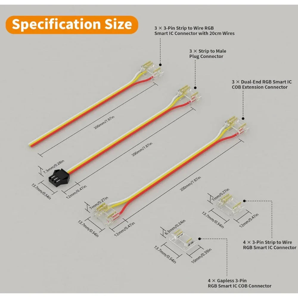 12mm 3-Pin Connectors Kit for RGB IC SPI COB LED Strip Light IP20