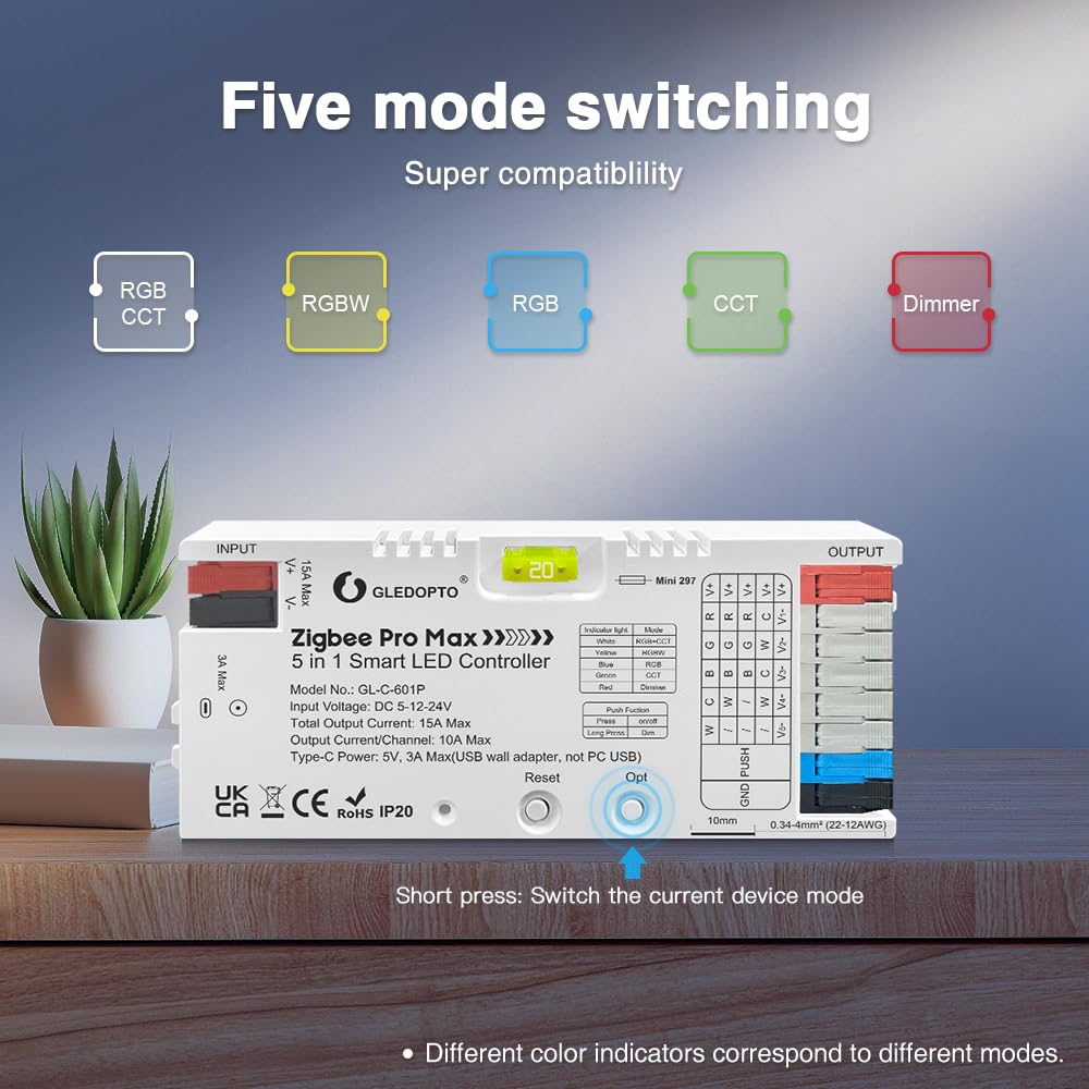 Gledpto ZigBee 3.0 Pro Max 5 in 1 LED Strip Controller PWM Dimming RGBCCT RGBW CCT Monochrome APP Voice Control GL-C-601P