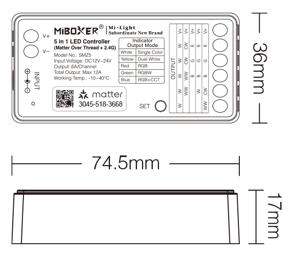 MiBoxer SMZ5 dimensions - 74.5 x 36 x 17mm