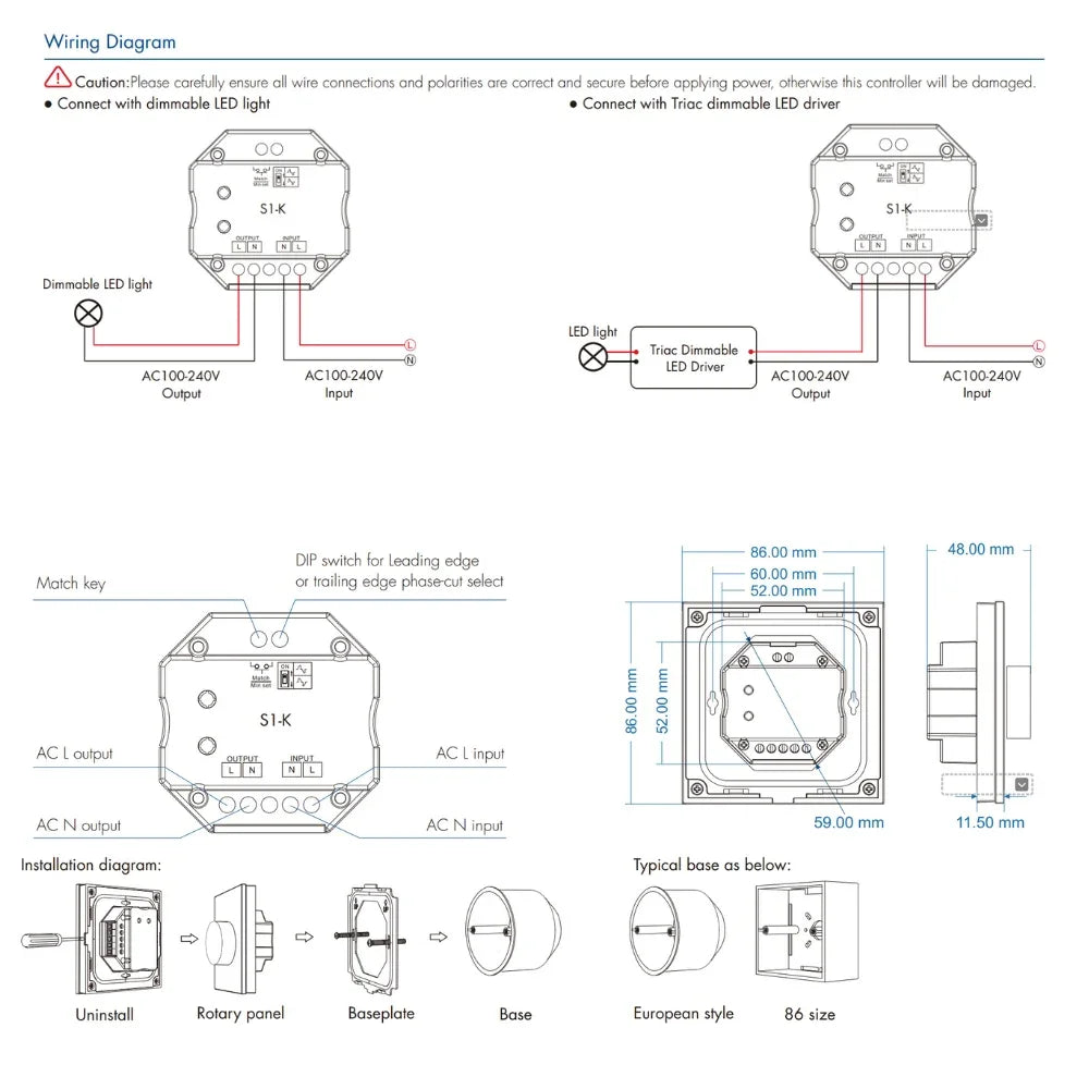 AC Triac Glass Rotary Panel Dimmer S1-K