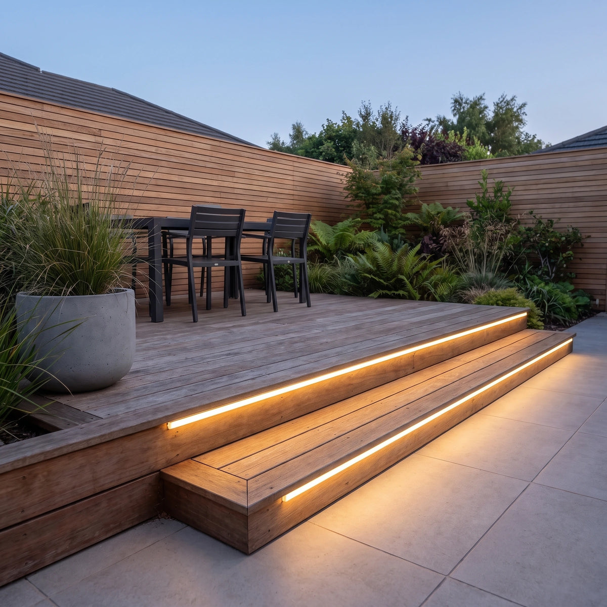 Warm White 2700K 15x15mm Top Bend LED neon flex - outdoor timber decking installation illustration.