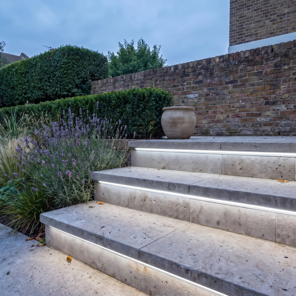Cool White 6000K 15x15mm Top Bend LED neon flex - outdoor garden-step installation illustration.