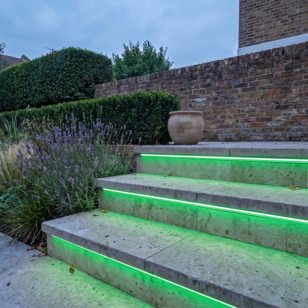 Green 15x15mm Top Bend LED neon flex - outdoor garden-step installation illustration.