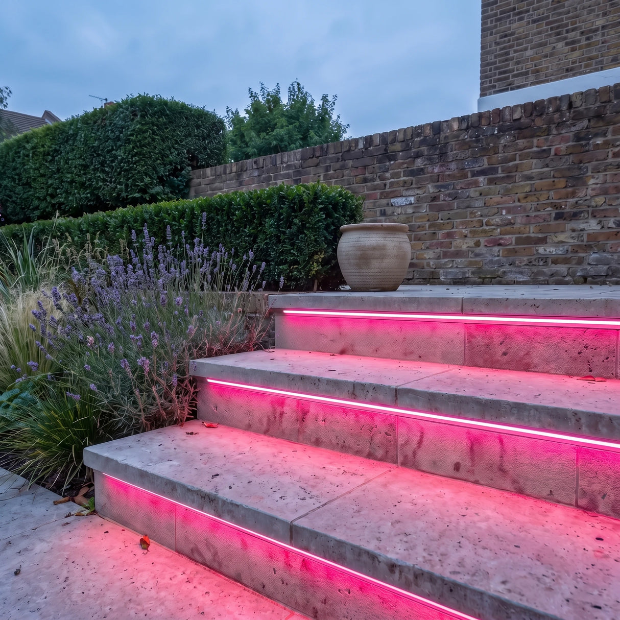 Pink 15x15mm Top Bend LED neon flex - outdoor garden-step installation illustration.