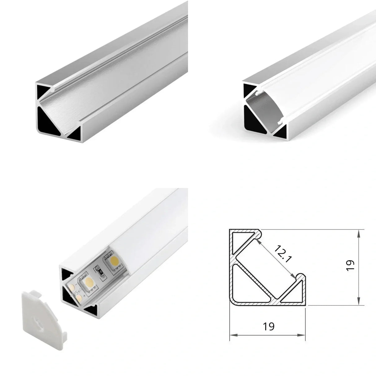 Silver aluminium corner profile 19x19mm shown from four angles