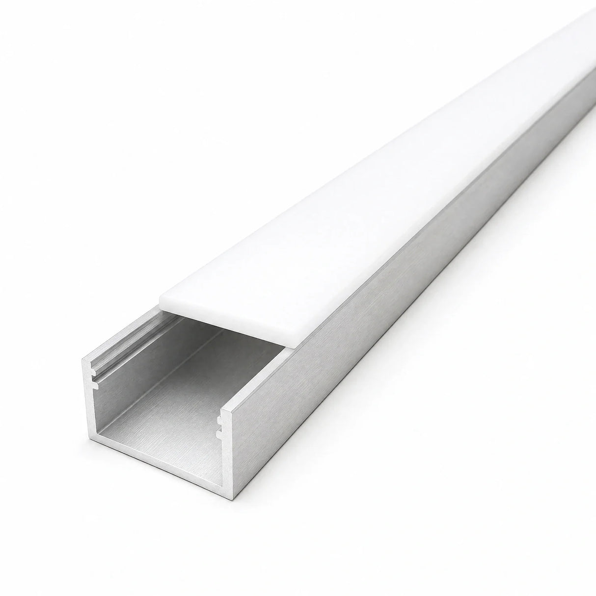 Empty 32.2 x 20mm aluminium floor profile channel with opal cover slid back