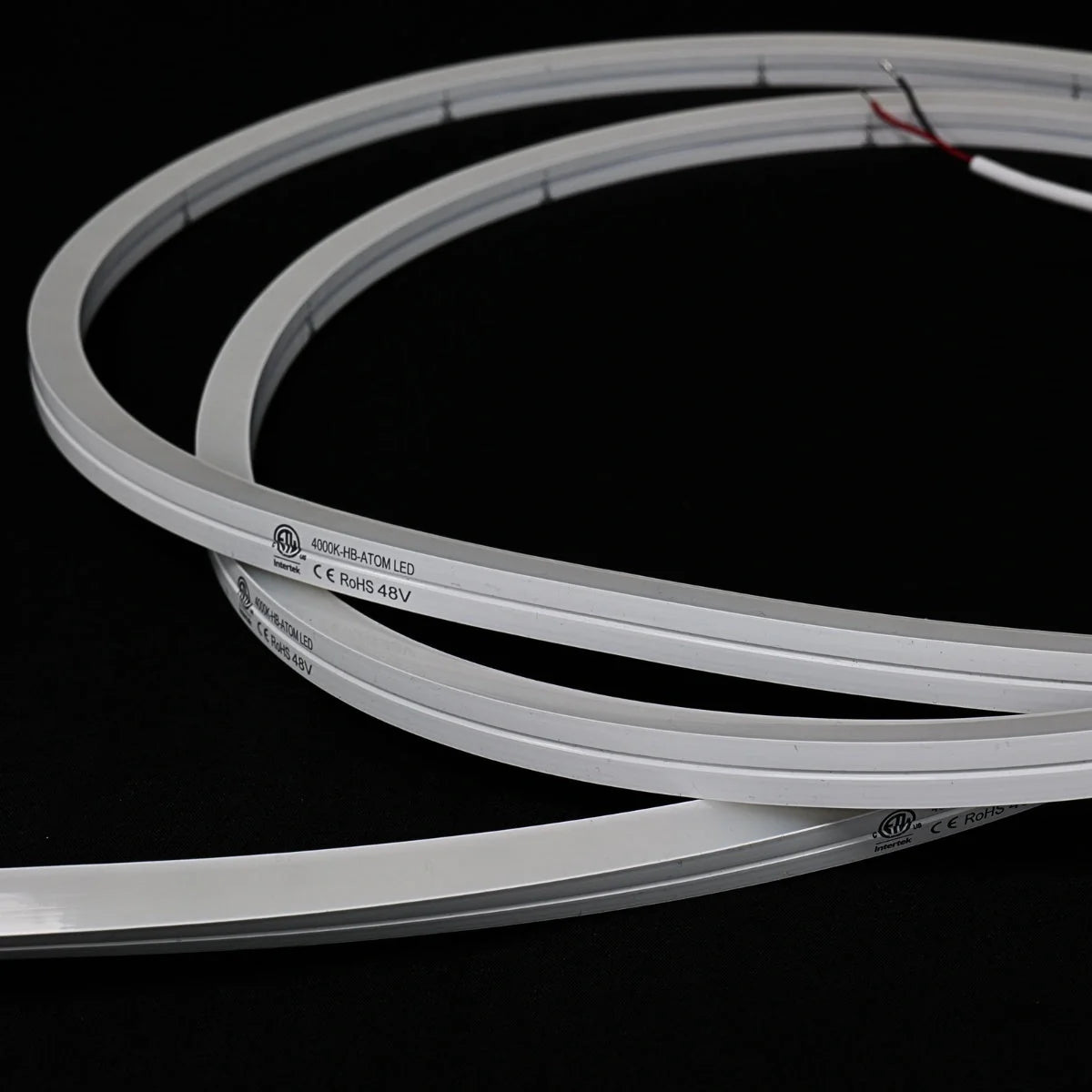 ATOM LED natural white 4000K 10x10mm side bend neon flex running along an outdoor step edge at dusk — 48V IP67 waterproof