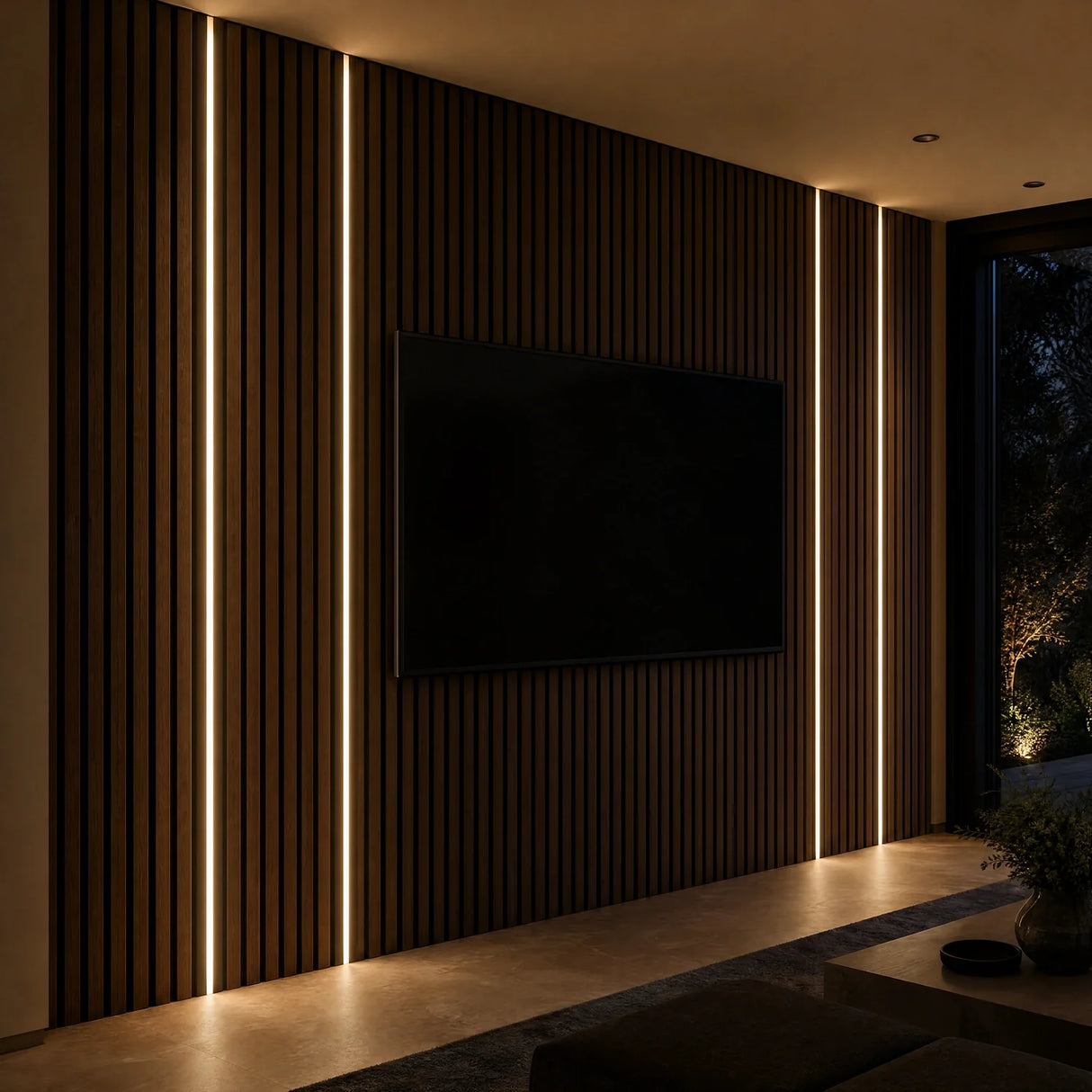 Black 12x10mm LED profile lit in acoustic wall panelling beside a television
