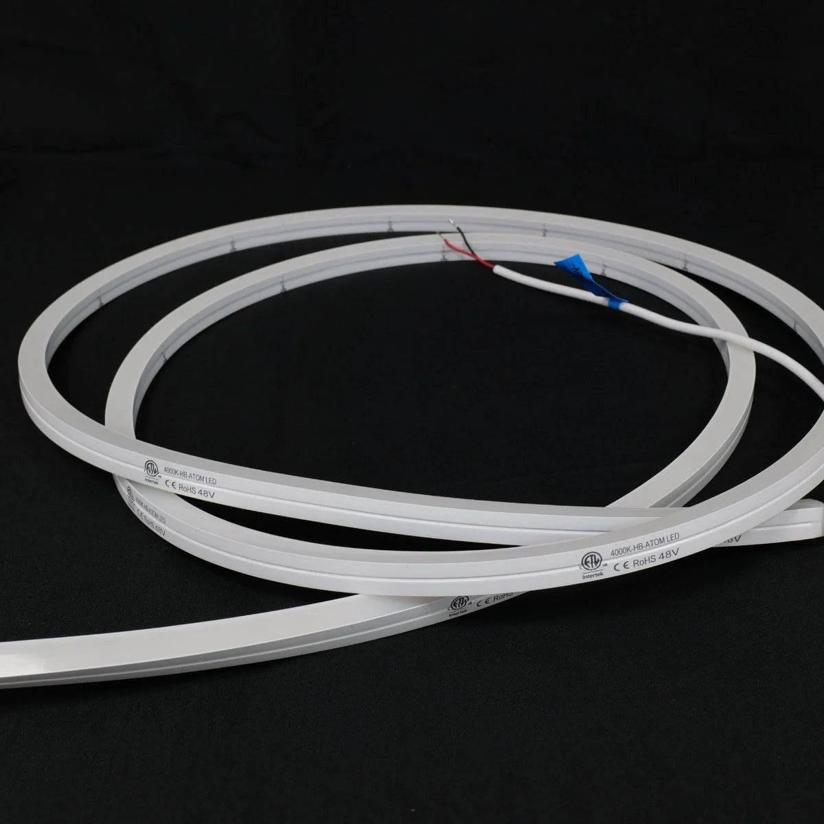 ATOM LED warm white 3000K 10x10mm side bend neon flex running along an outdoor step edge at dusk — 48V IP67 waterproof