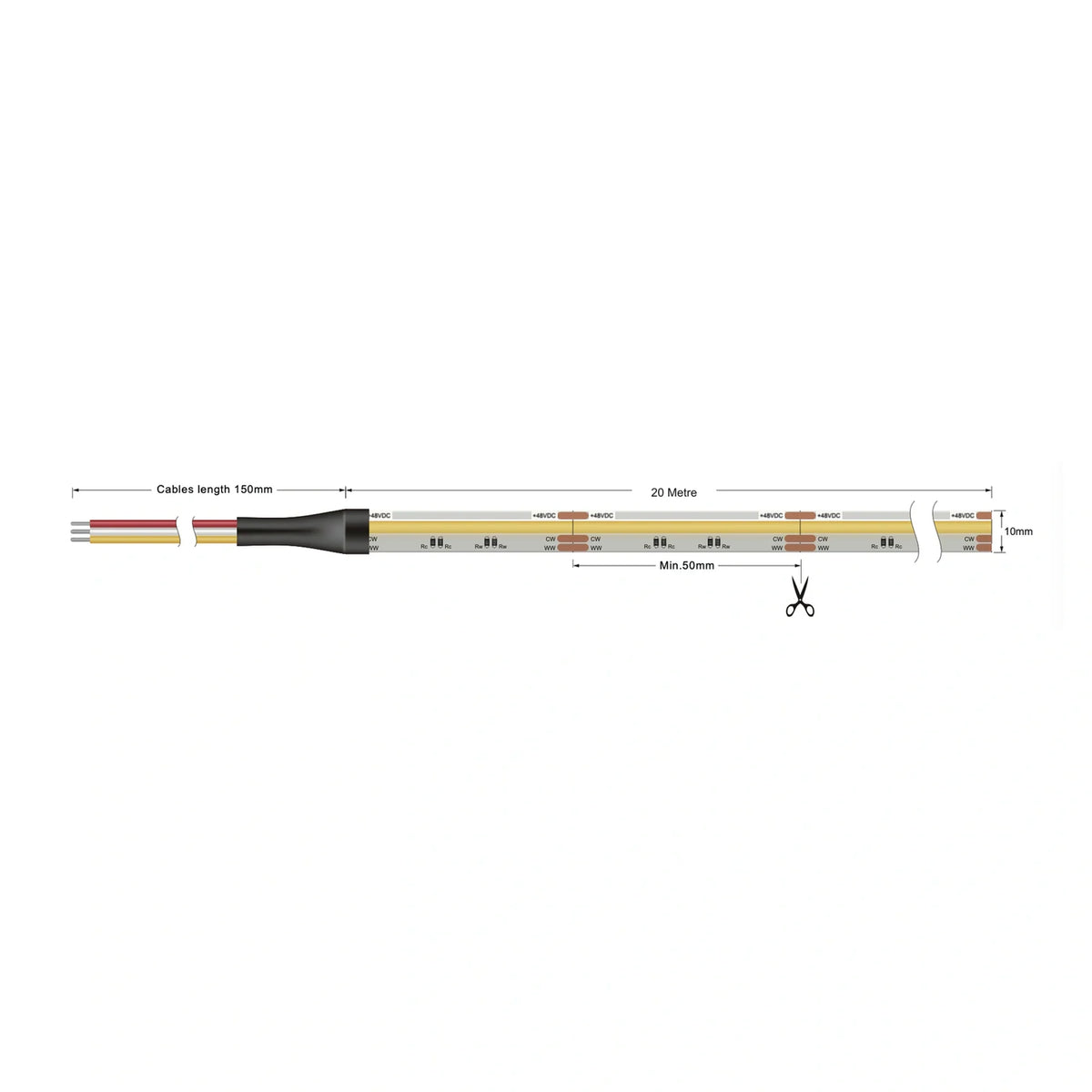 CCT LED strip 48V dimensions, 20m single feed, 50mm cuts
