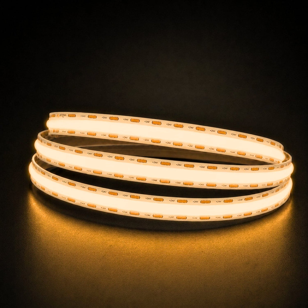Warm White 2700K COB LED strip 24V 10mm 15m run lit reel