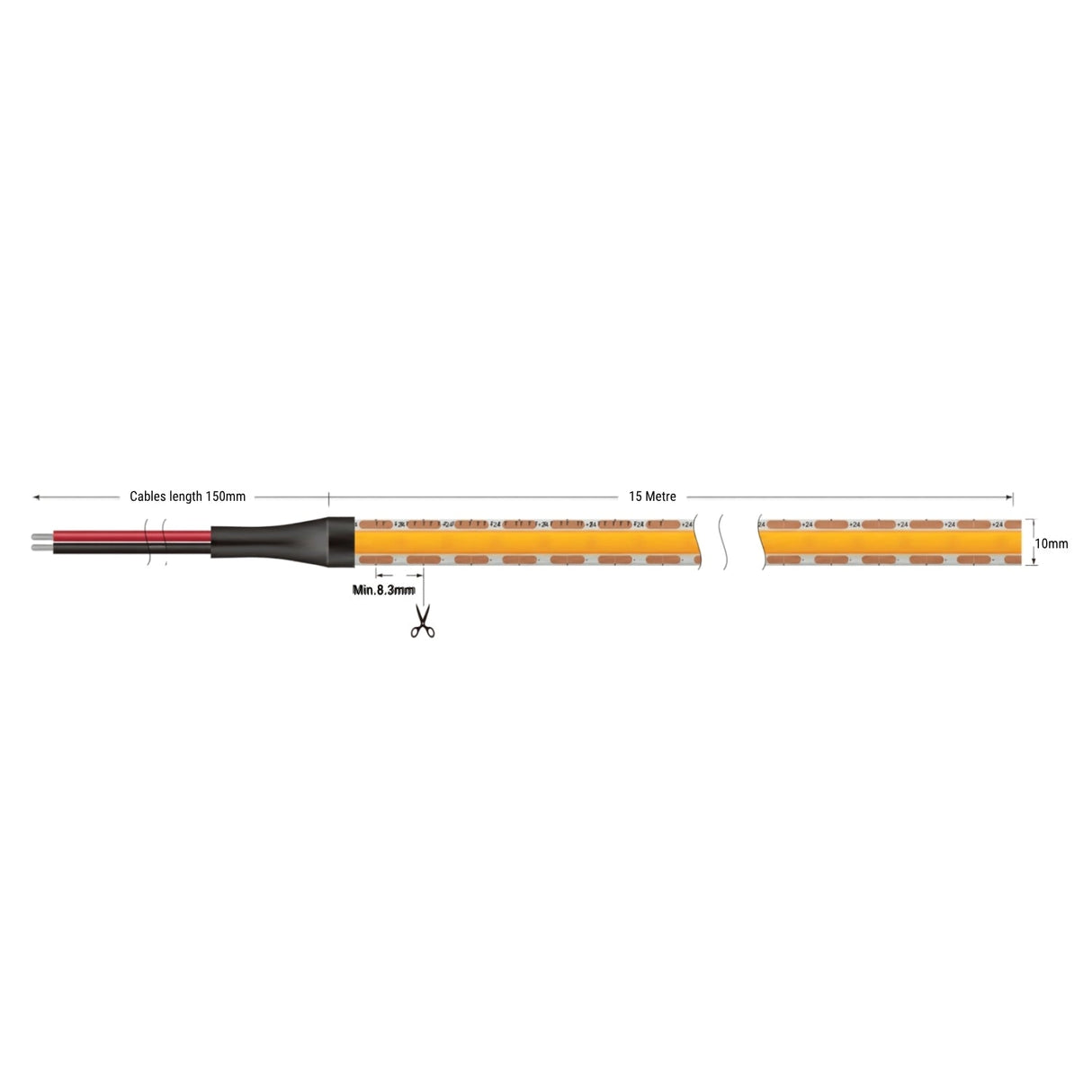 24V COB LED strip 10mm dimensions, 15m run, 150mm lead and 8.33mm cut points