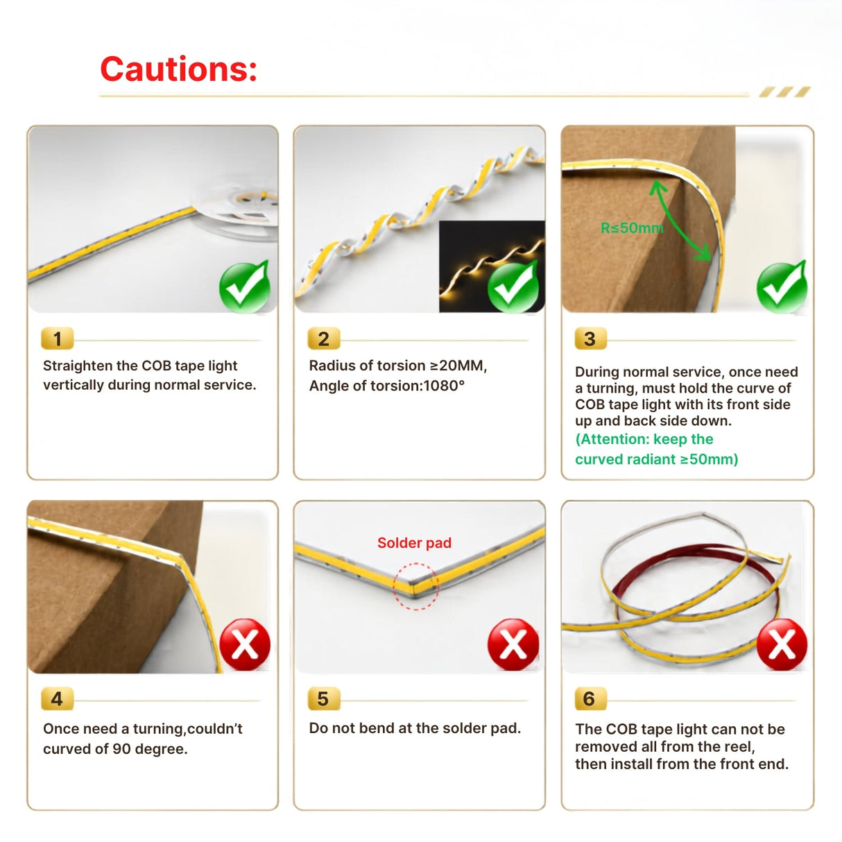 COB LED strip installation cautions for bend radius, torsion and solder pads