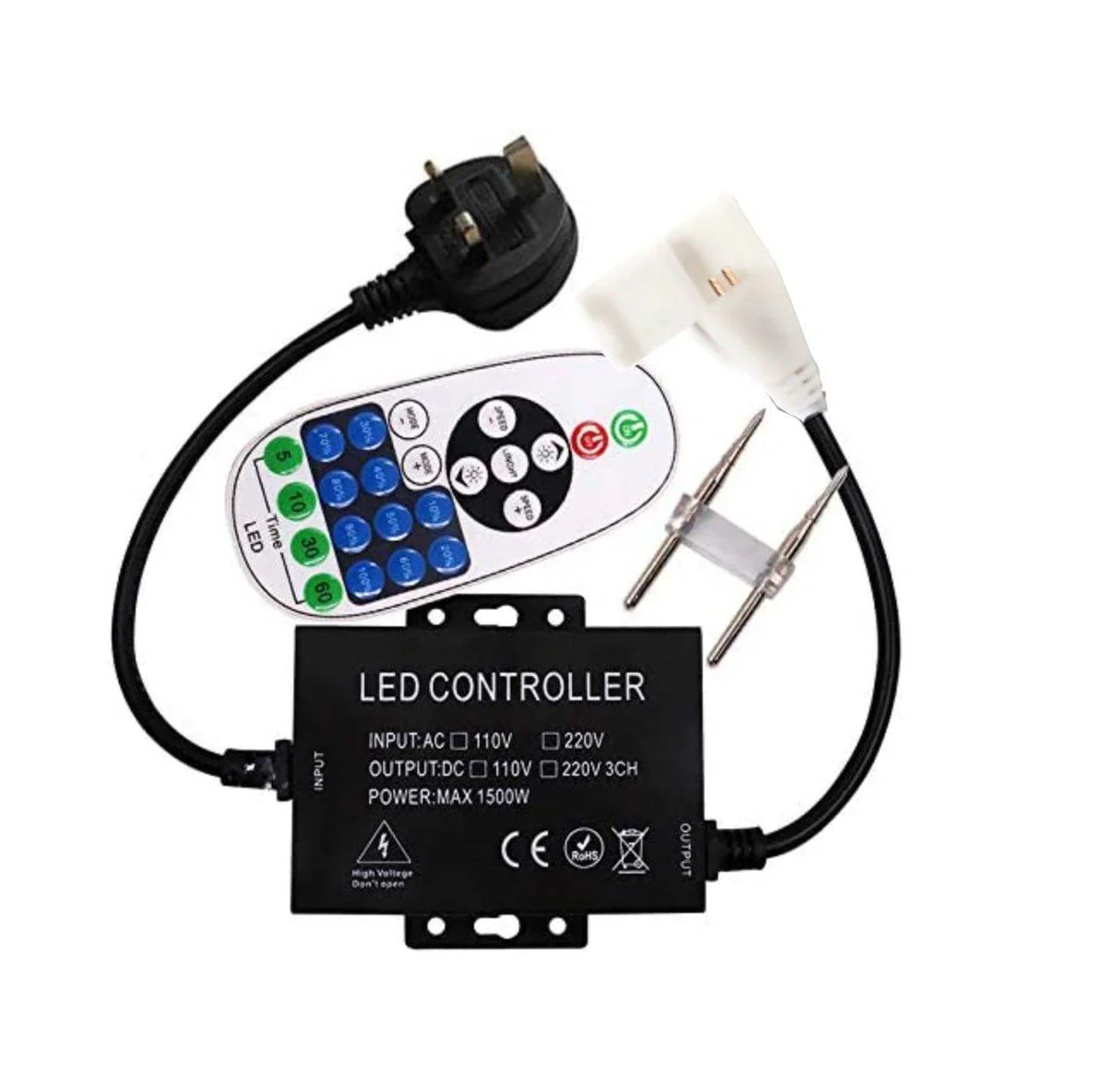 COB LED Strip AC 220 240V 23-Key RF Remote Control 1500W Dimmer Transformer for Brightness Adjustment - UK LED Lights
