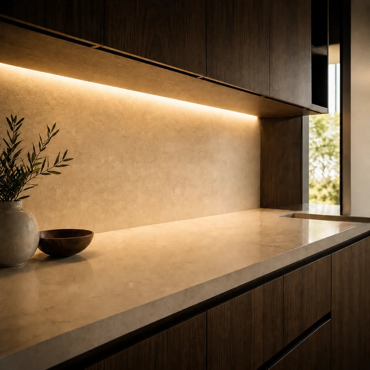 Illustrative 2700K FreeCut COB LED strip kitchen installation with continuous concealed lighting