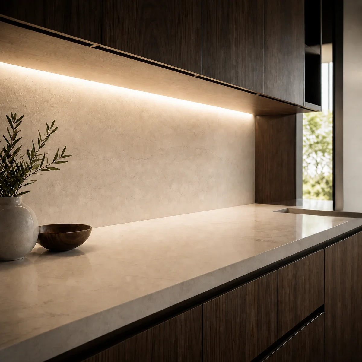 Illustrative 3000K FreeCut COB LED strip kitchen installation with continuous concealed lighting