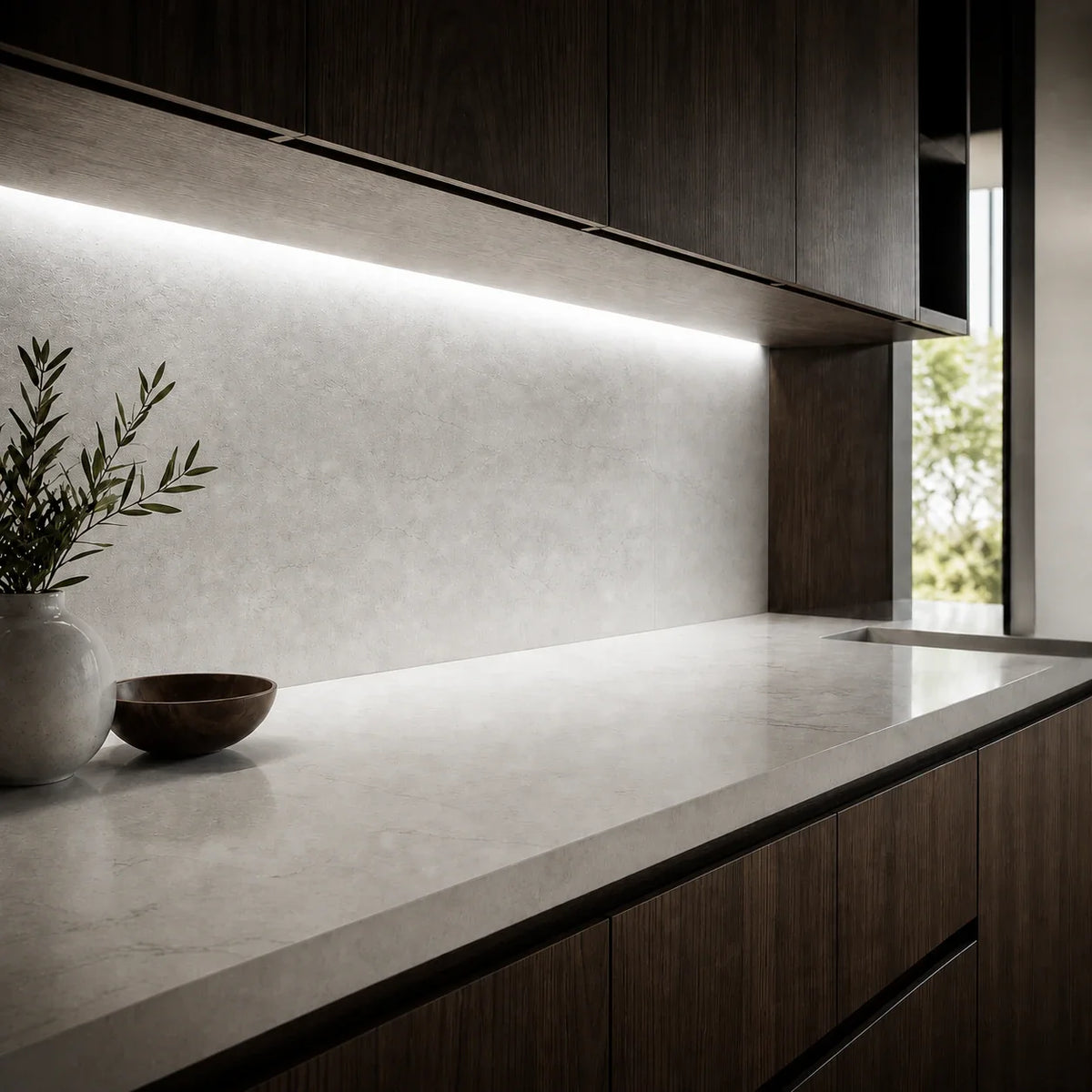 Illustrative 4000K FreeCut COB LED strip kitchen installation with continuous concealed lighting
