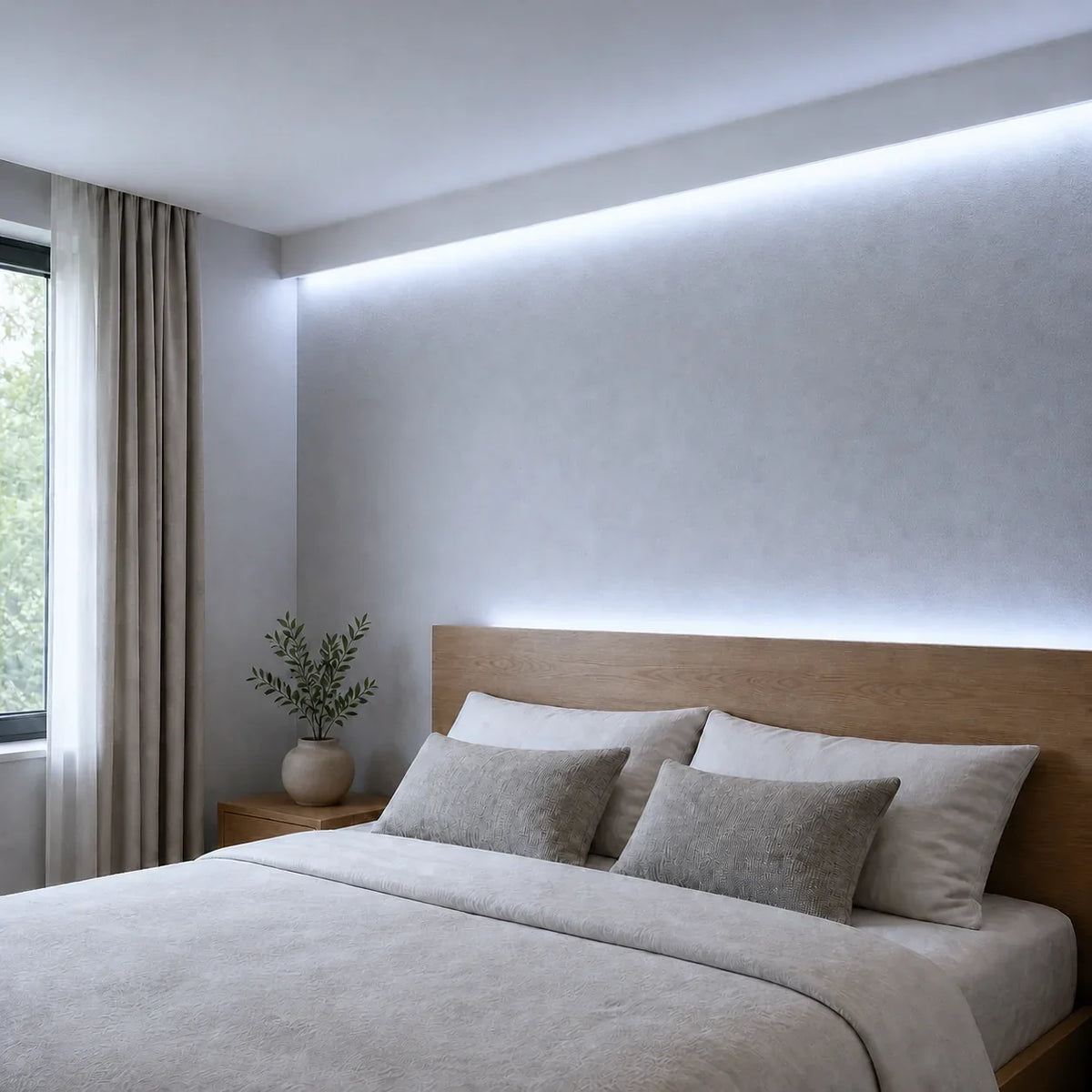 Illustrative 6500K FreeCut COB LED strip bedroom installation with continuous concealed lighting