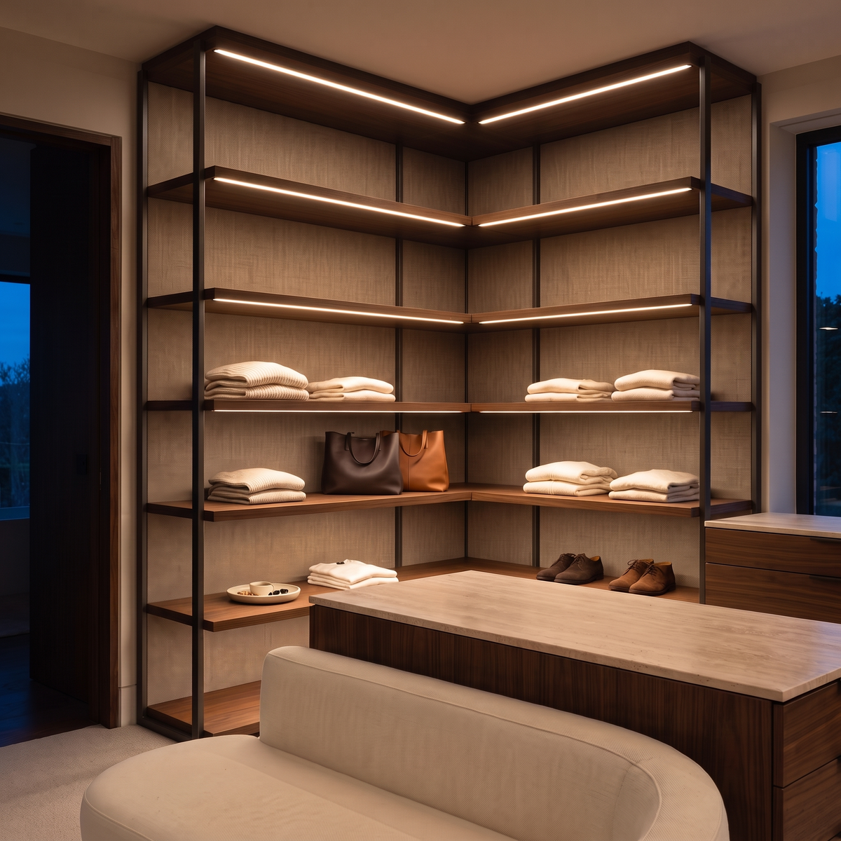 2700k white dot-free LED strip lighting beneath dark-walnut display shelves in a residential dressing room