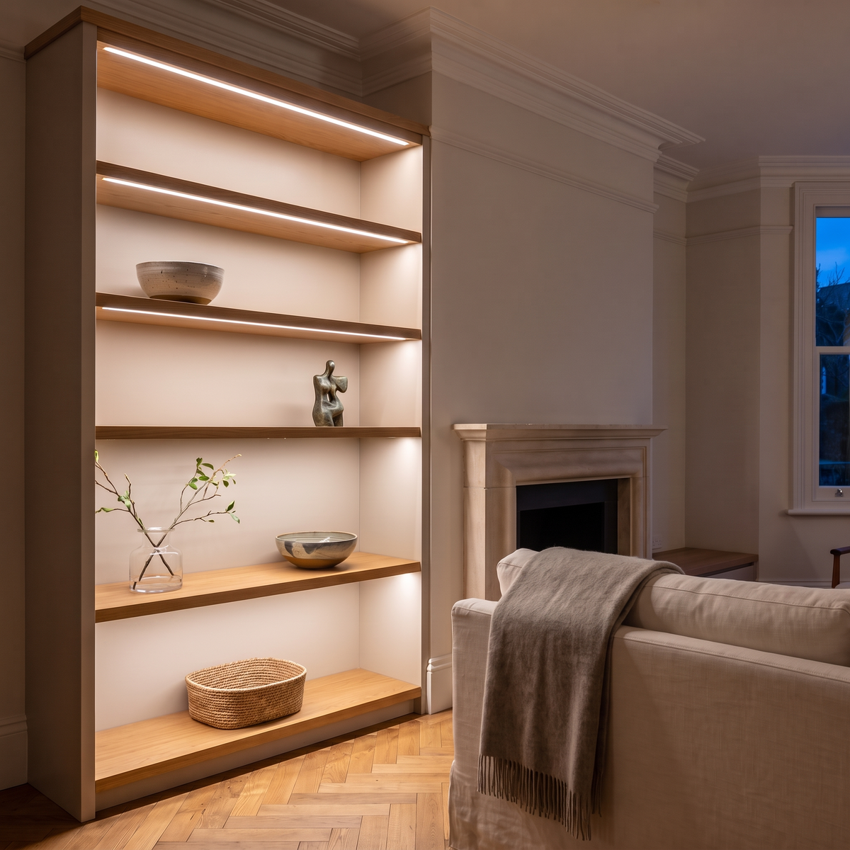 4000K white COB LED strip lighting beneath bespoke shelves in an elegant British home's sitting room