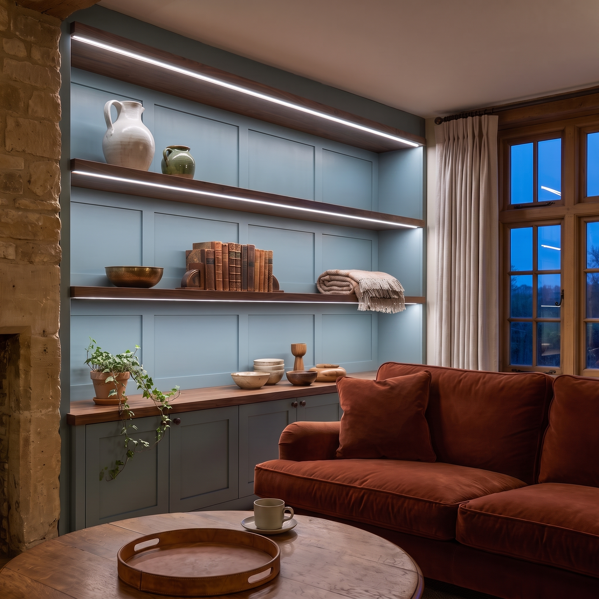 6500K white COB LED strip lighting beneath bespoke long display shelves in a beautiful British home
