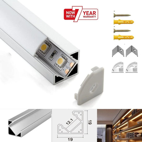 LED Strip Aluminium Corner Profile Milky Cover Cabinet LED Corner Profile 19x19mm - UK LED Lights