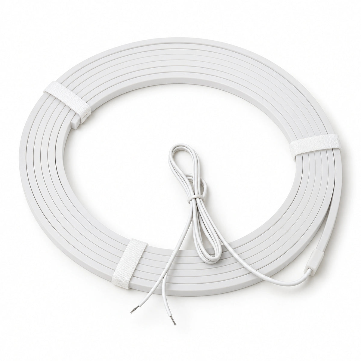 White silicone mini neon flex, switched off, coiled with its power lead — reference illustration