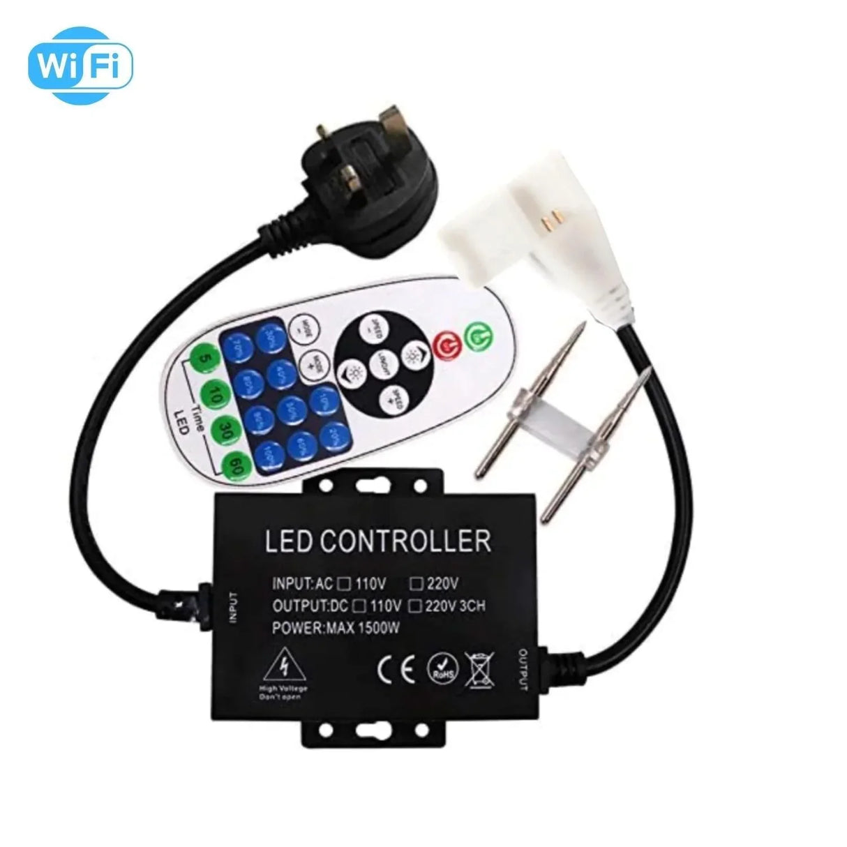 Single Colour Wireless Neon Flex AC 220 240V 8x16mm WIFI Dimmer Controller with 23-Key RF Remote Control 1500W for Brightness Adjustment - UK LED Lights