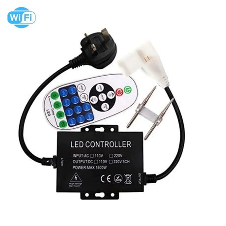 Single Colour Wireless Neon Flex AC 220 240V 8x16mm WIFI Dimmer Controller with 23-Key RF Remote Control 1500W for Brightness Adjustment - UK LED Lights