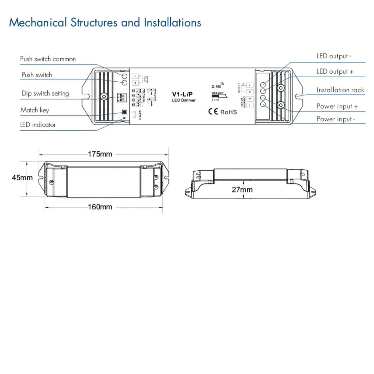 Skydance Single Colour 1CH*15A 12-48VDC CV Controller, Push-Dim V1-L/P with R6-1 Remote - UK LED Lights