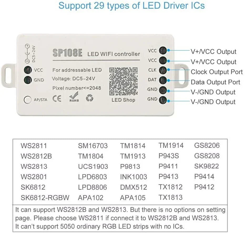 SP108E WiFi Controller DC 5V-24V for SK6812 SK6812-RGBW WS2812 WS2813 WS2811 AL2815 Digital Pixel Strip Light & Neon Flex - UK LED Lights