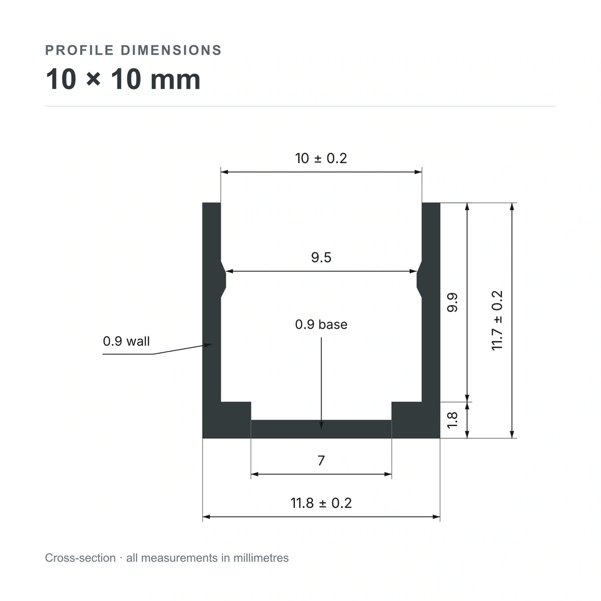 10 × 10 mm aluminium Neon Flex profile cross-section and measurements from datasheet