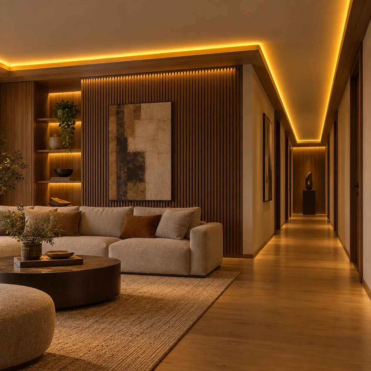 Illustrative golden yellow 8×16mm IP65 neon flex installed in dry indoor ceiling coving