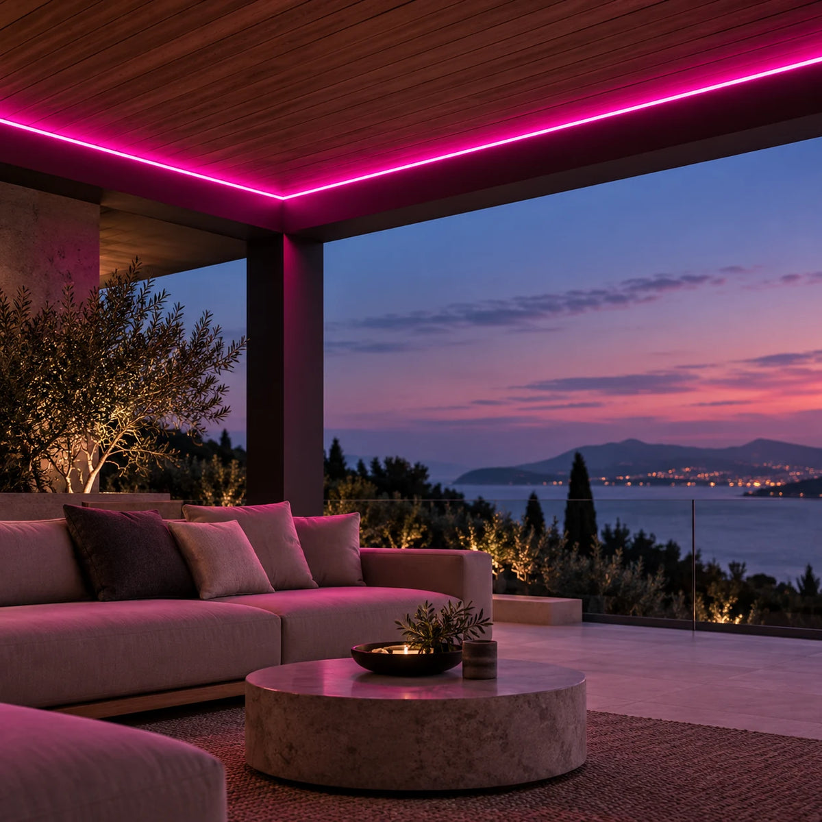 Illustrative pink 8×16mm IP65 neon flex installed under a sheltered outdoor roof