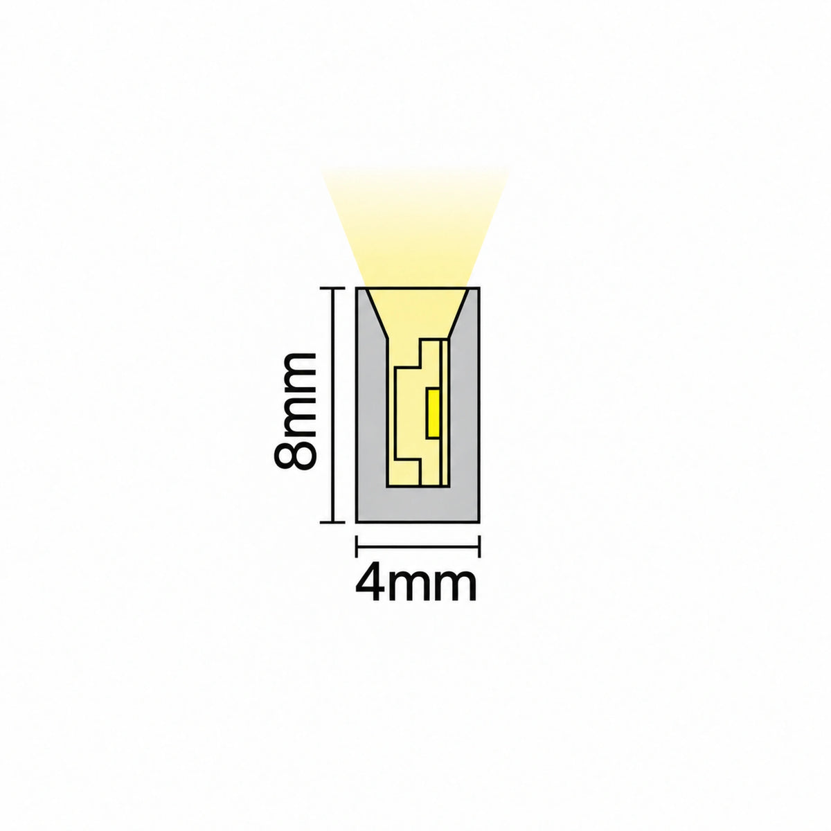 UK LED Lights — FreeCut mini neon flex 4x8mm cross-section dimensions showing 4mm width and 8mm height