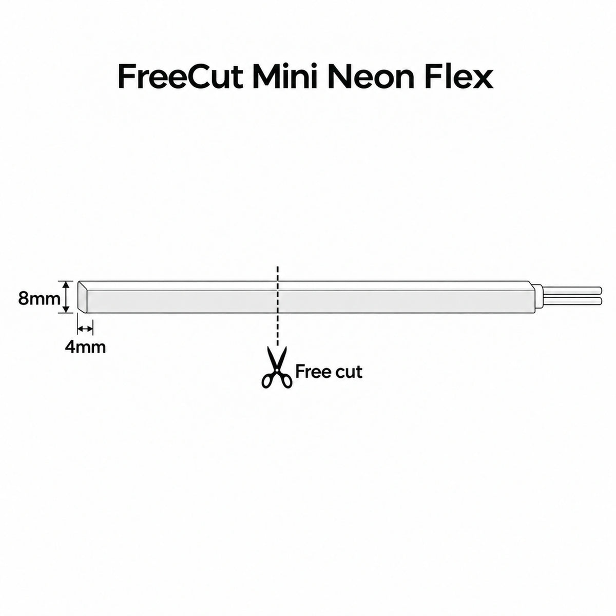 UK LED Lights — FreeCut mini neon flex 4x8mm cutting diagram showing freely cut silicone LED strip