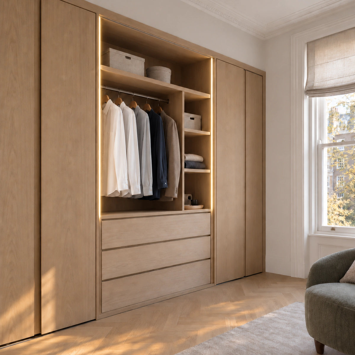 FreeCut mini neon flex 2700K warm white recessed lighting in a pale oak fitted wardrobe — UK LED Lights