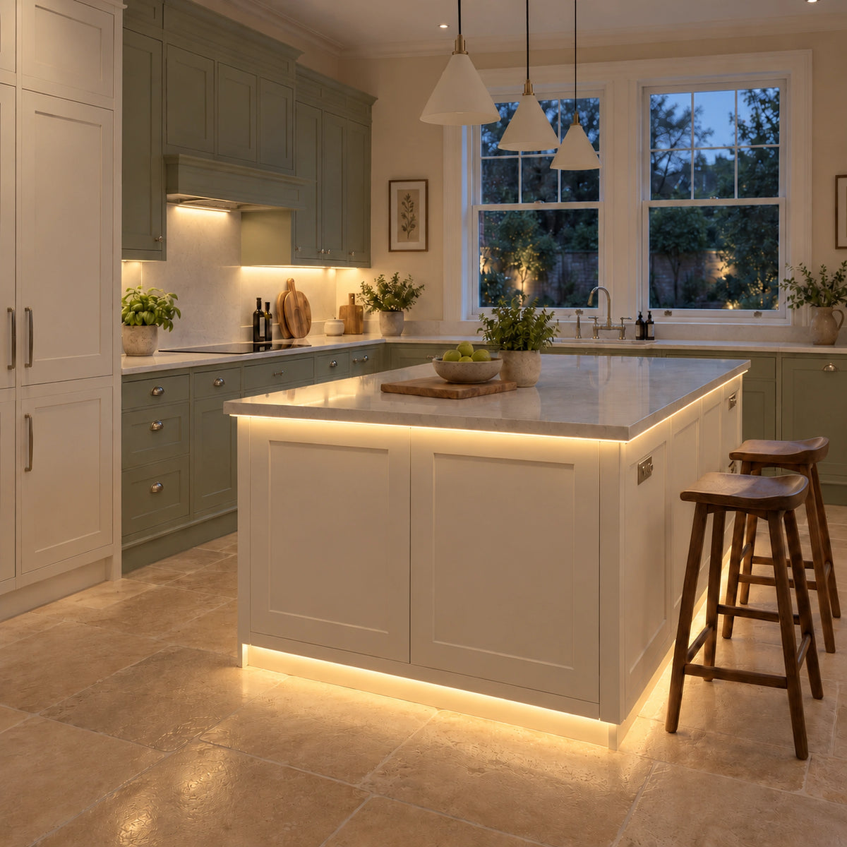 FreeCut mini neon flex 2700K warm white recessed under-cabinet and island lighting in a sage and cream kitchen — UK LED Lights