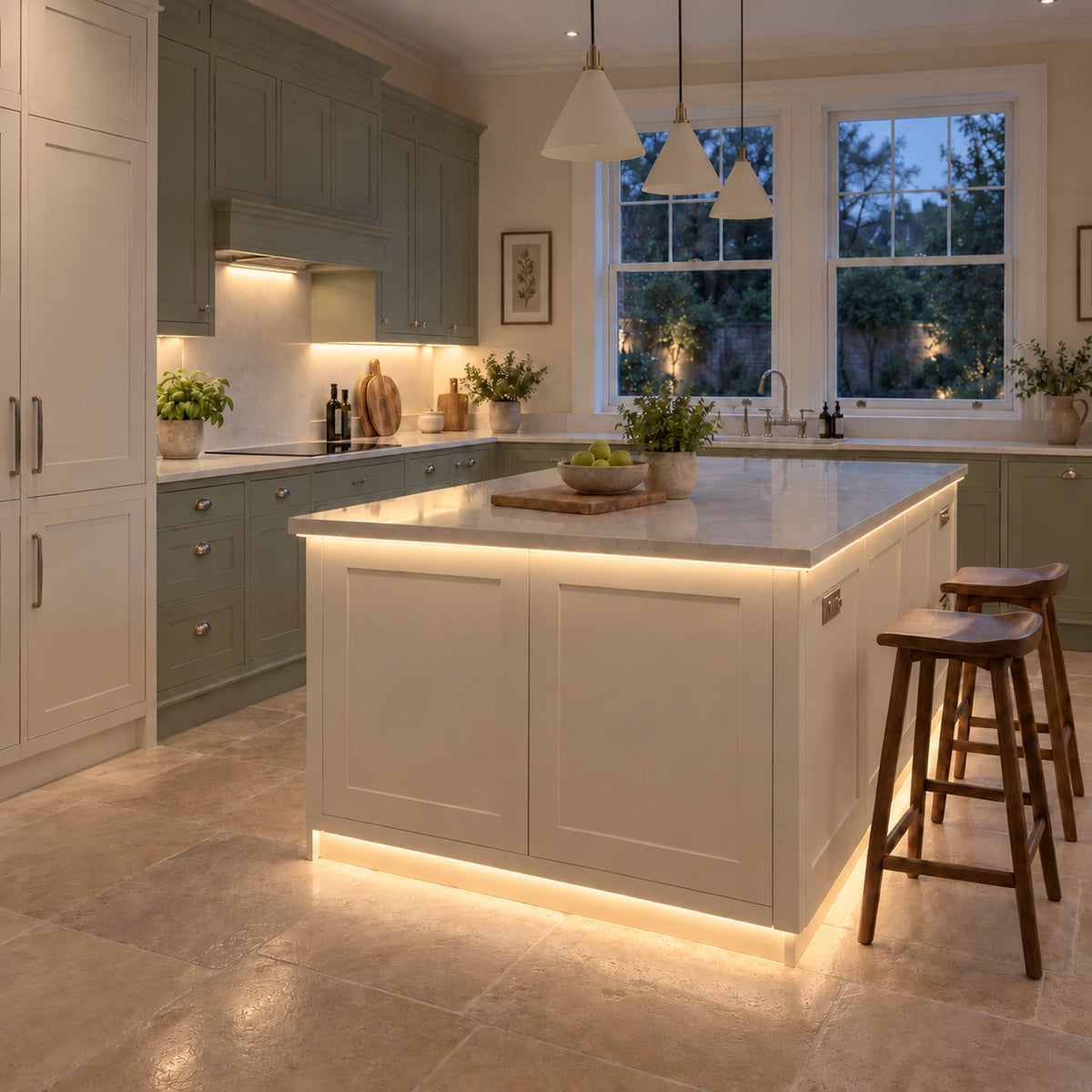 FreeCut mini neon flex 3000K warm white recessed under-cabinet and island lighting in a sage and cream kitchen — UK LED Lights