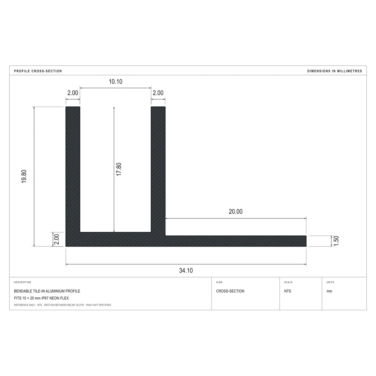 Cross-section dimensions of the bendable tile-in profile for 10×20mm Neon Flex