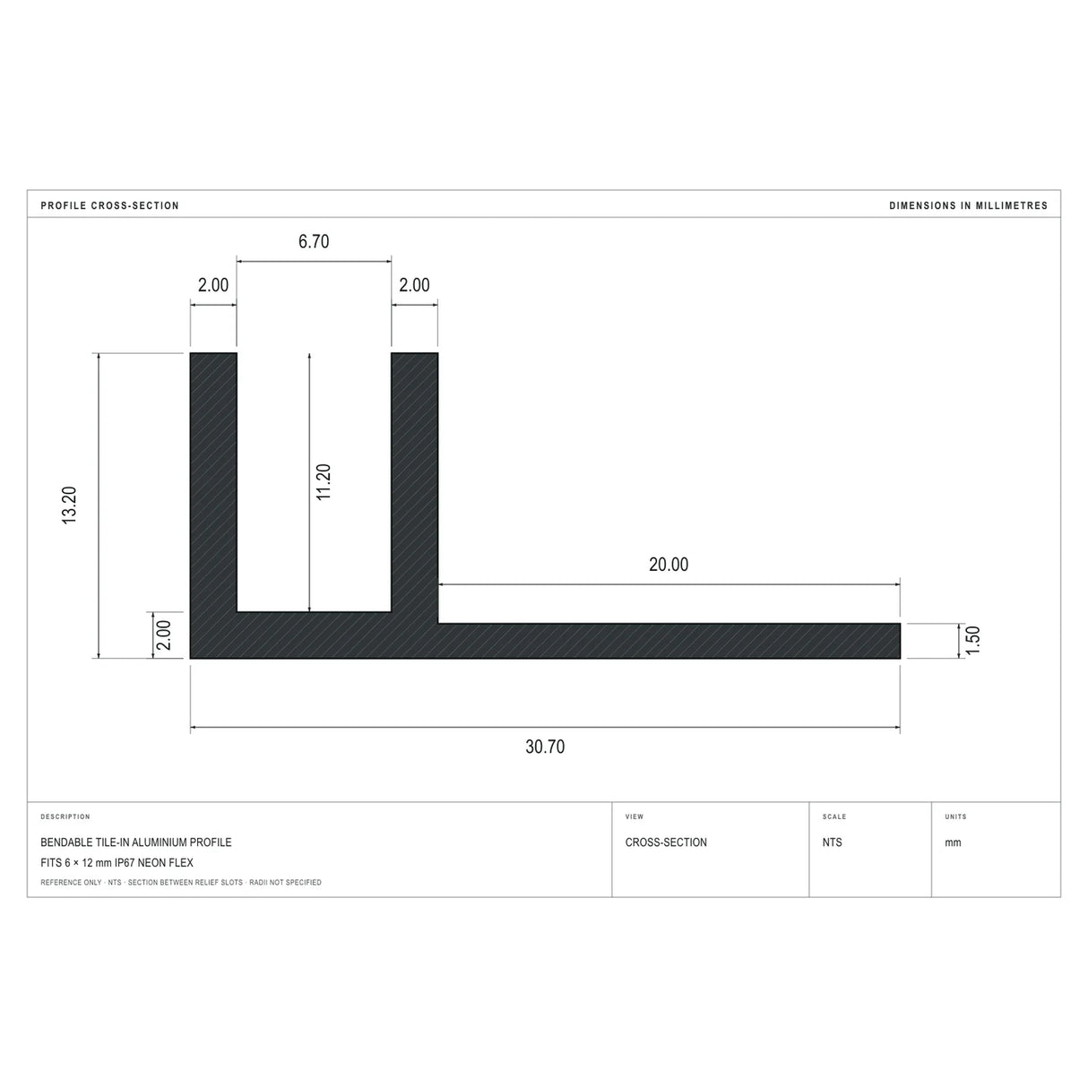 Cross-section dimensions of the bendable tile-in profile for 6×12mm Neon Flex