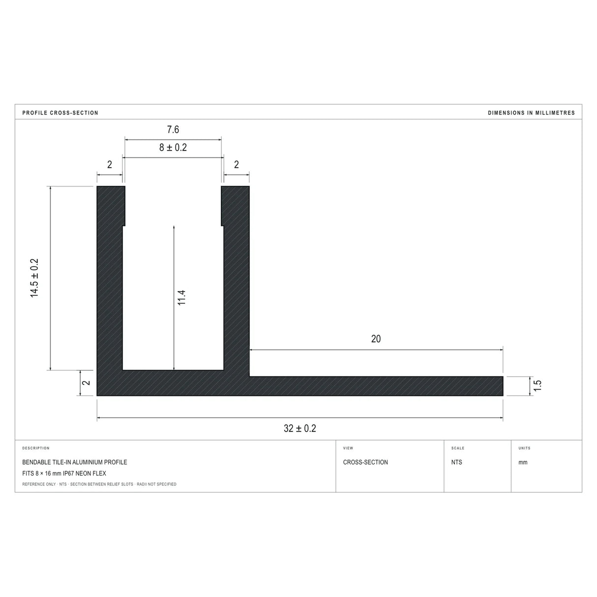 Cross-section dimensions of the bendable tile-in profile for 8×16mm Neon Flex