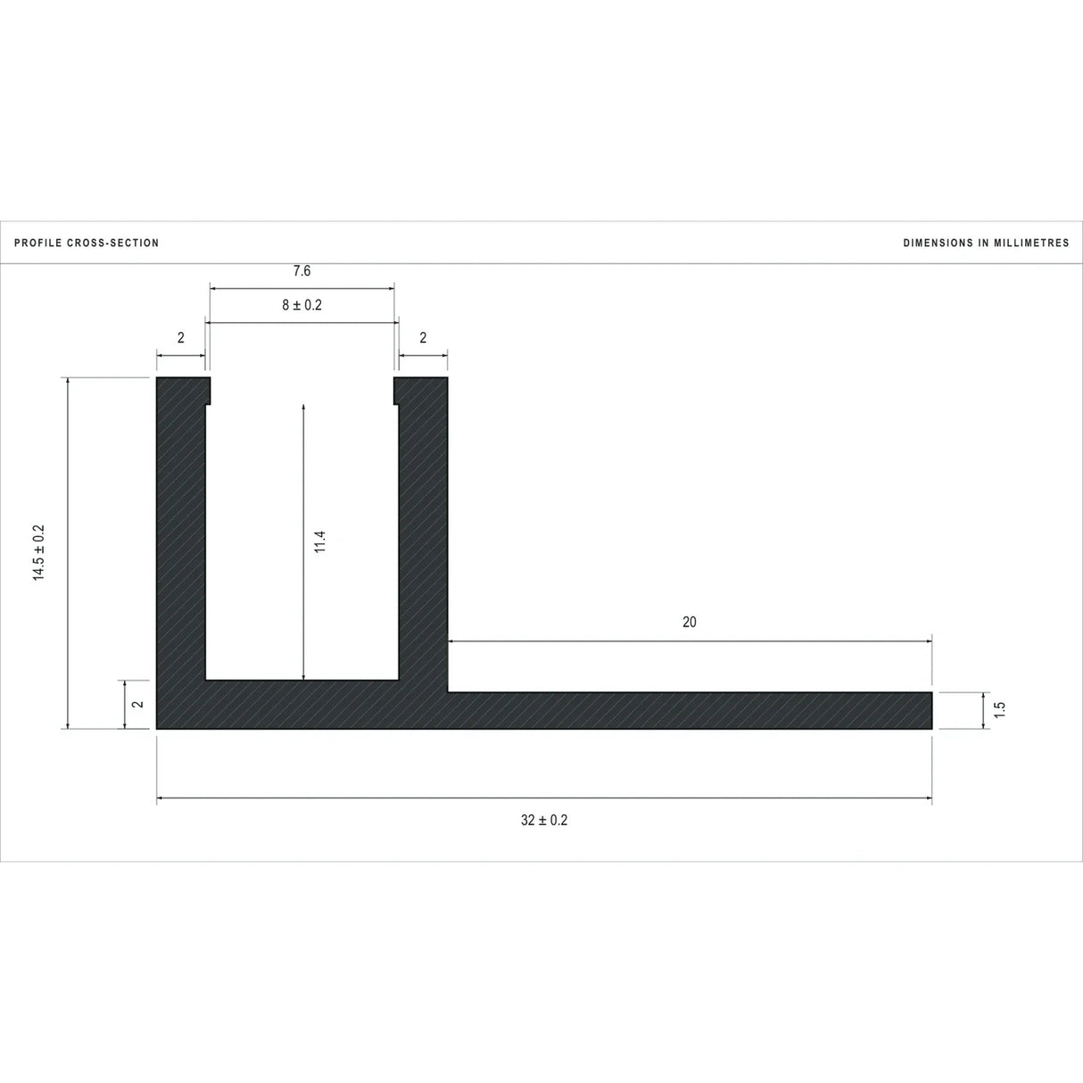 Cross-section dimensions of the straight tile-in profile for 8×16mm Neon Flex
