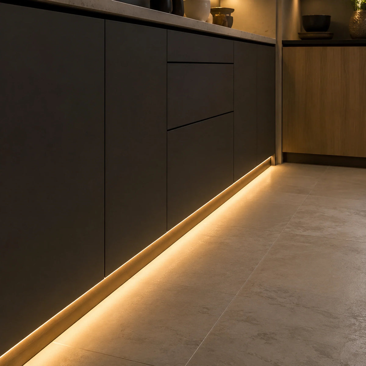 3000K 10×6mm Neon Flex lighting a kitchen plinth and kickboard, installation illustration