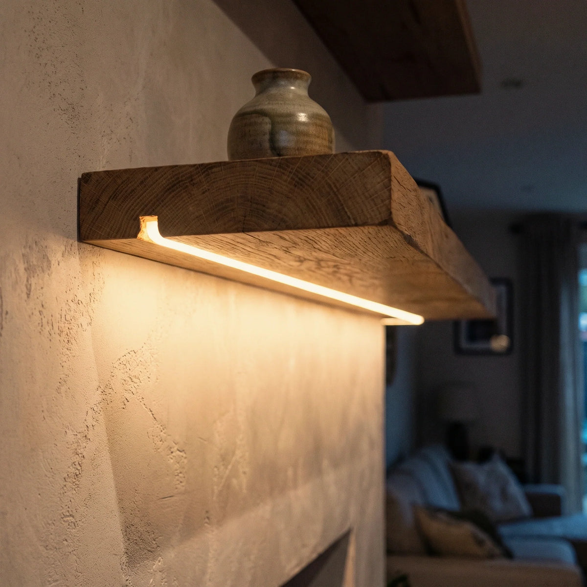 2700K 4.5×4.5mm Mini Neon Flex lighting a shelf shadow gap, installation illustration