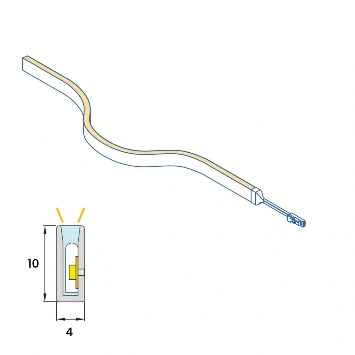 Cutaway diagram of 4×10mm Mini Neon Flex showing the body depth and internal emitter