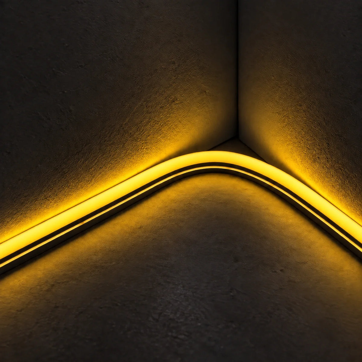 UK LED Lights 8×16mm 220–240V golden neon flex illuminating a curved inside corner